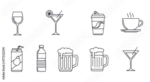 Line art icons of various beverages and drink containers, including wine, cocktails, coffee, tea, soda, water, and beer mugs, on a white background.