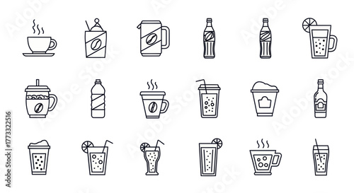 Collection of various beverage icons, including coffee, soda, and juice, in a line art style.