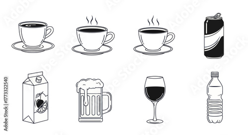 Line art illustration of various drinks including coffee, soda, milk, beer, wine, and water.