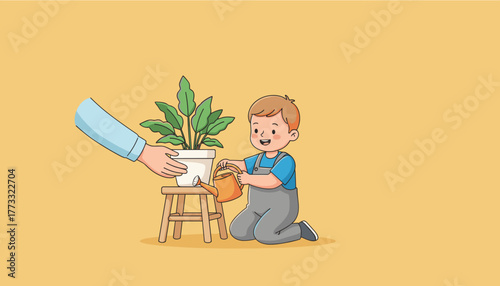 Happy child learning to water a potted plant under adult guidance Nurturing family and growth concept