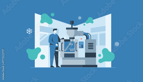 Worker operating manufacturing machine in a modern factory setting Industrial cold production concept