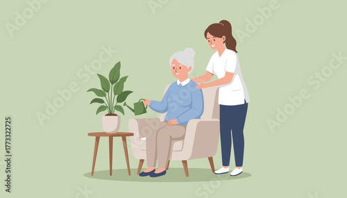 Caregiver assists happy senior woman watering a houseplant concept of assisted living and home care