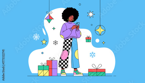 Stylish young woman using phone for holiday shopping surrounded by gifts and winter decorations