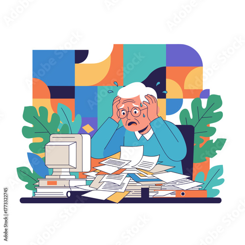 Stressed senior man overwhelmed by paperwork and administrative burden at his office desk