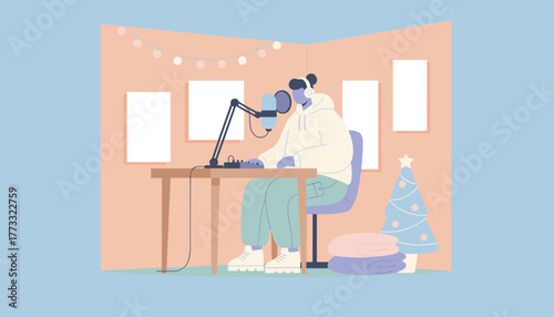 Content creator broadcasting a holiday podcast from a cozy home studio