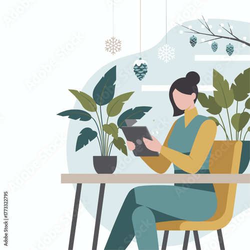 Woman using tablet in a stylish winter interior decorated with plants and snowflakes
