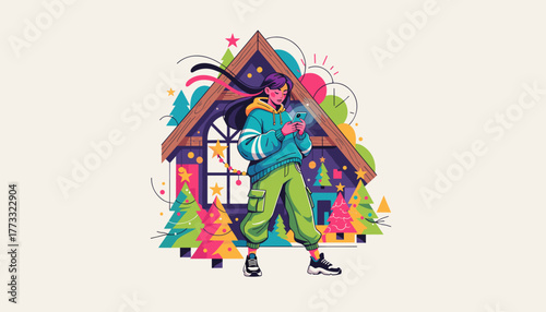 Young woman using phone near colorful festive cabin Modern holidays and digital lifestyle