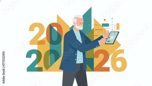 Senior manager using tablet for future strategy planning in 2026 Modern business vector illustration