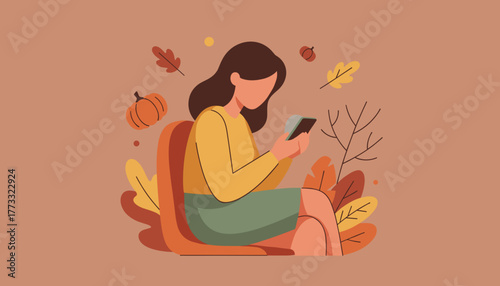 Woman uses smartphone in a cozy autumn setting surrounded by fall leaves and pumpkins Digital communication