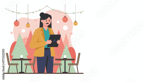 Angry woman uses a tablet in a decorated cafe Bad customer service holiday stress or business failure illustration