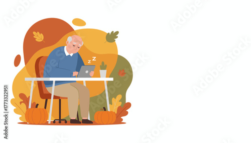 Sleepy elderly man napping at his desk while using a tablet in a cozy autumn setting