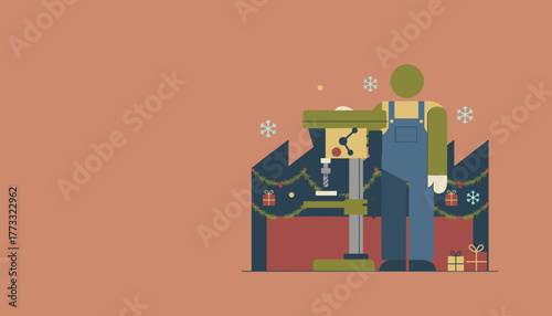 Factory worker using a drill press Industrial production and holiday season illustration