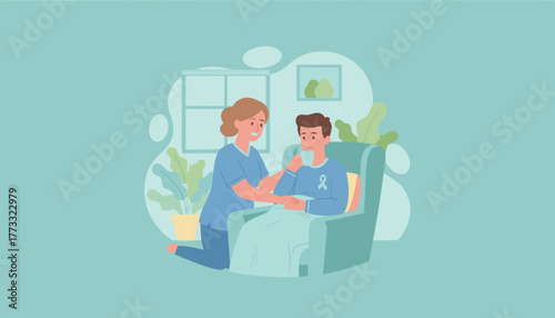Nurse provides care and support to a recovering patient sitting in an armchair promoting wellness