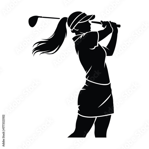 Silhouette of a Golfing Woman in Mid-Swing, Sporting Visor, Skirt, and Ponytail.