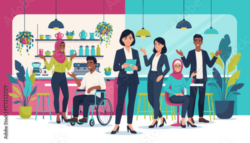 Diverse business team meeting in a modern inclusive office cafe Collaboration and teamwork concept