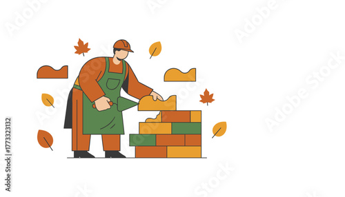 Bricklayer constructing a wall in autumn Industry construction and seasonal home repair concept