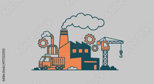 Manufacturing industry illustration with factory crane truck and gears Production concept
