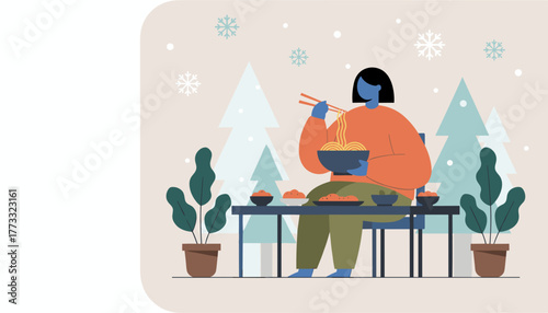 Cozy winter dining Person eating warm noodles with chopsticks outdoors in the snow