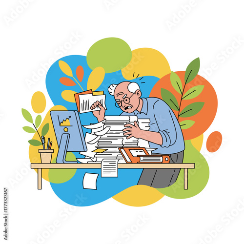 Senior businessman overwhelmed by massive pile of documents symbolizing stress deadlines and bureaucracy