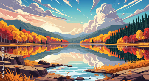 Picturesque autumn mountain lake scene with fiery foliage reflected on the calm water, showcasing natural beauty and tranquil wilderness vista