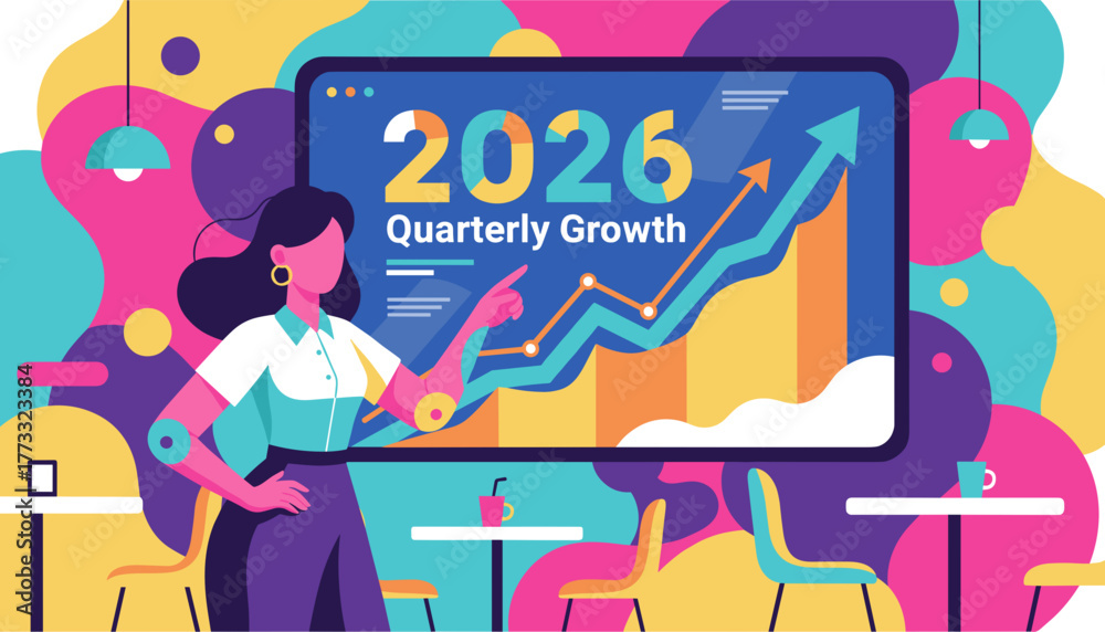 Obraz premium Professional woman showing 2026 Quarterly Growth chart financial success presentation
