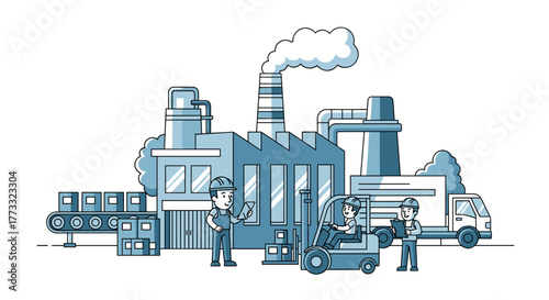 Industrial logistics workers loading goods outside a factory Supply chain and manufacturing concept