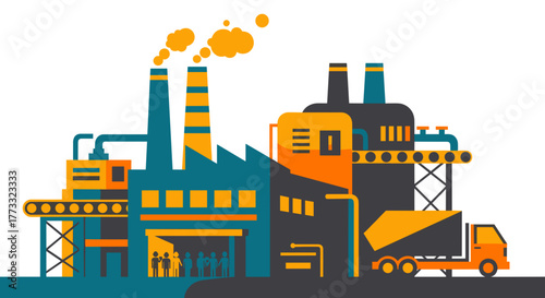 Industrial factory illustration with smokestacks production lines logistics truck and manufacturing workers