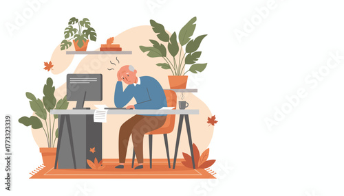 Stressed elderly man working from home dealing with burnout frustration or fatigue