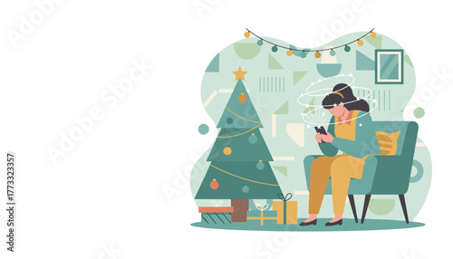 Woman stressed by digital overload on smartphone during Christmas holiday in a cozy living room