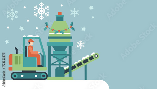 Industry at Christmas Worker operates equipment near a decorated silo in the snow