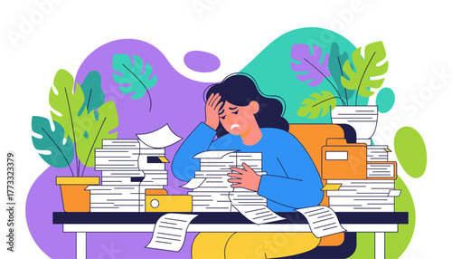 Stressed woman overwhelmed by giant workload and paperwork Office burnout concept