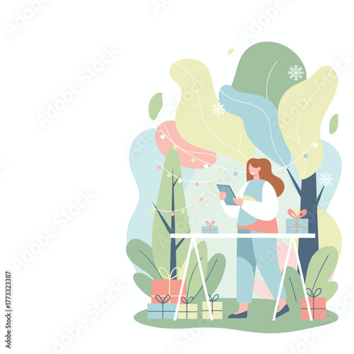 Digital holiday preparation Woman uses tablet for gift management amidst festive abstract nature background