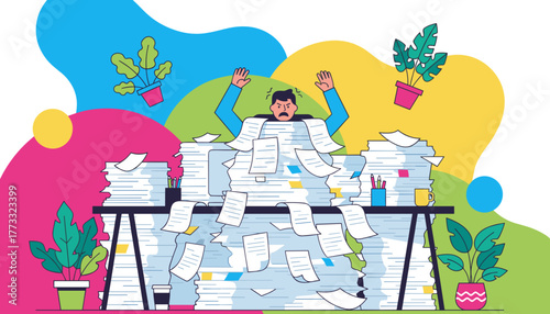 Overwhelmed office worker buried under massive stacks of paperwork Business workload and stress concept