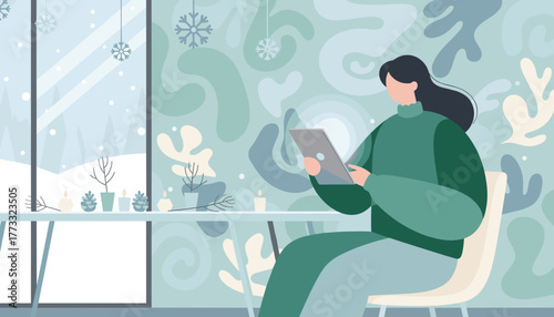 Woman uses tablet indoors in a cozy winter setting with snow falling outside Modern digital lifestyle illustration