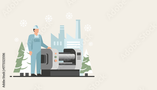 Worker illustration in front of factory machine and pine trees during winter snow