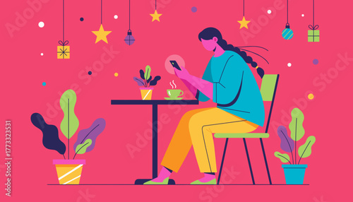 Woman using phone and relaxing with coffee at a table Flat vector illustration with festive decorations