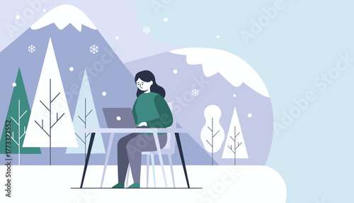 Sad woman working on a laptop remotely during a cold winter day among snowy mountains and pine trees