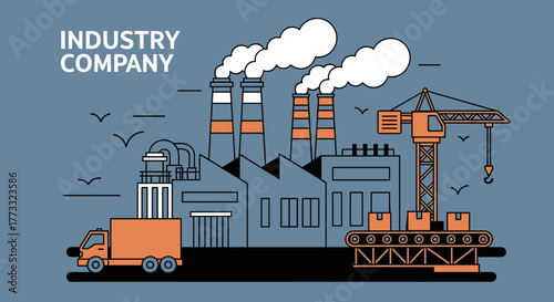 Flat design factory illustration of an industry company with smokestacks crane truck and production line