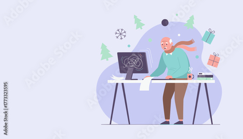 Elderly man stressed by holiday work deadlines and technology problems at his cluttered desk