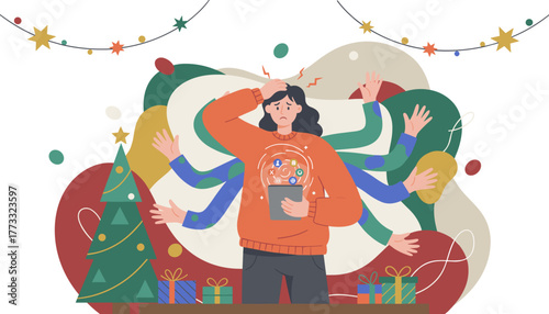 Woman stressed by multitasking apps and holiday demands Festive Christmas burnout