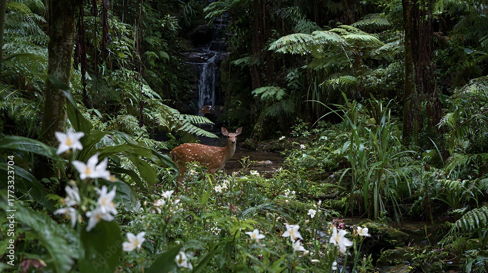 Obraz premium Spotted deer standing in a lush green forest with a small waterfall in the background looking at the camera