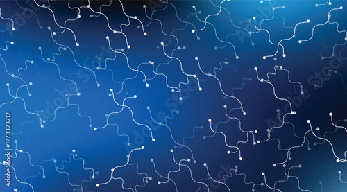 White curvy lines with small white dots on a blue gradient background create a modern, abstract pattern, suggesting connectivity, networks, and technological innovation
