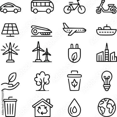 Transportation Outline Icon Set  Travel, Mobility, and Commute Symbols