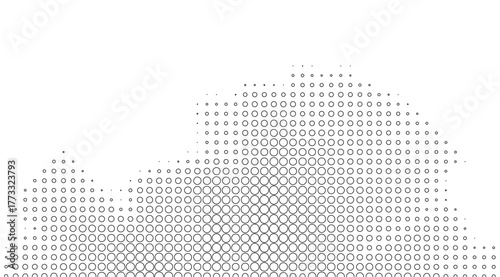 Abstract monochrome halftone pattern of varying sized circles creates a textured, dotted effect against a white background, offering a modern and minimalist visual design element