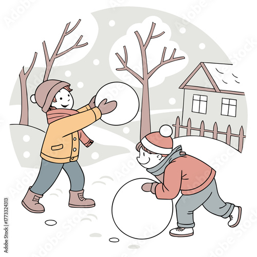 Children are playing with snowballs in a snowy landscape near a house