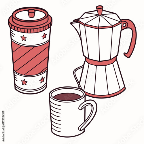 Coffee time with moka pot, takeaway cup and mug