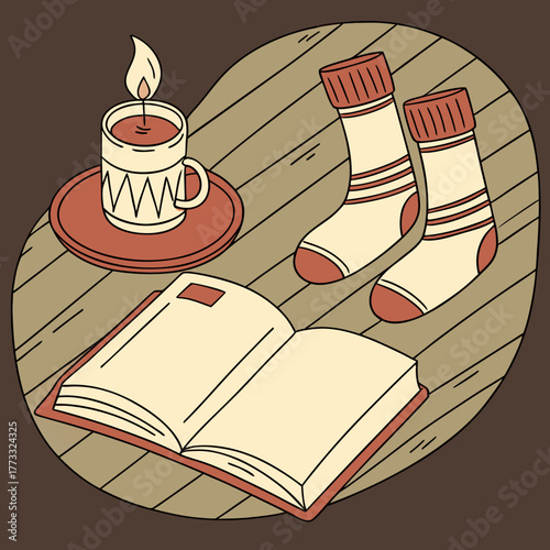 Cozy evening scene with a book, candle, and socks on a wooden table