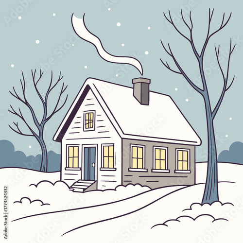 Cozy house in winter with snow covered roof and smoke coming from chimney