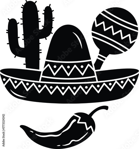 Mexican fiesta icons sombrero cactus chili pepper and maraca
