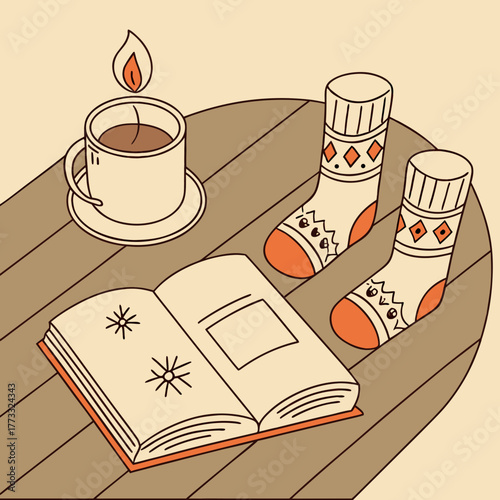Cozy scene with book, coffee, candle and socks